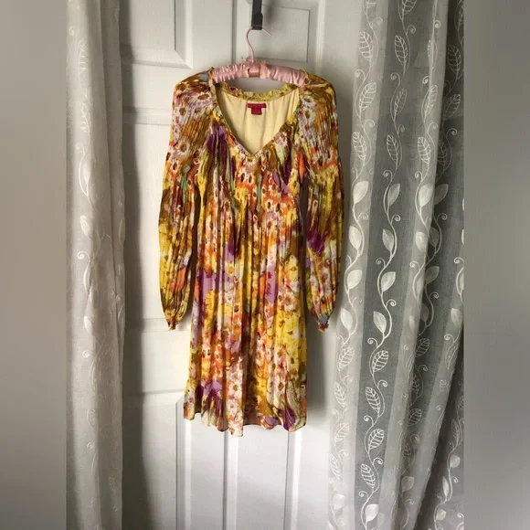Sunny Leigh bright color floral short Hippie dress flutter sleeve women sz S - Picture 2 of 11